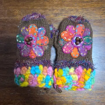 꽃 브라운 미튼 장갑 컬러풀