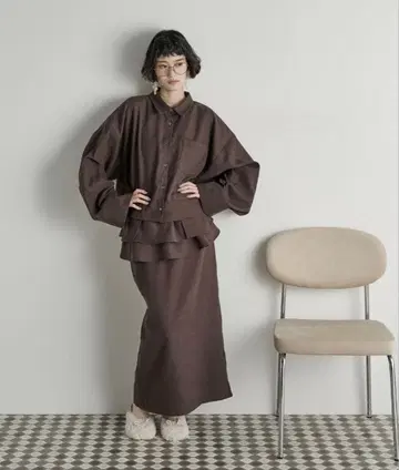 THE YOn 포켓 디자인 셔츠 & 프릴 벨트 스커트 셋업