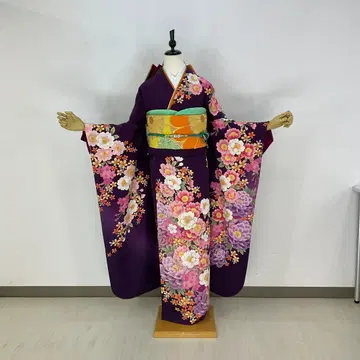 후리소데 풀세트 7점 세트 보라색 M~L 사이즈 순수 실크 새상품급