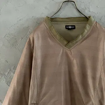 빈티지 풀오버 자수 로고 체크 무늬 와이드 소매 베이지 LO5