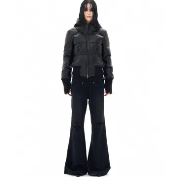 블랙 후드 부착 가죽 다운 자켓 펑크풍 미사용 새상품