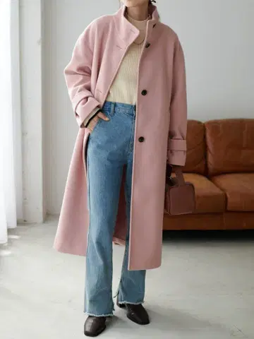 discoat 스탠드 카라 롱 코트 핑크