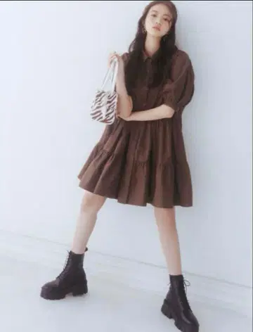 GRL 브라운 티어드 드레스 퍼프 슬리브 반팔 코튼 새상품급