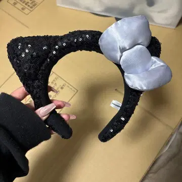 블랙 고양이 귀 머리띠 실버 리본