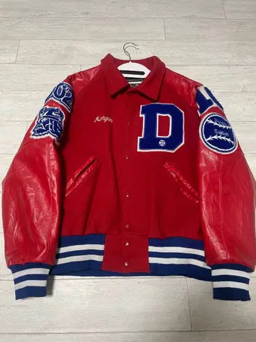 US 홀로웨이 와펜 빨간색 빈티지 바시티 자켓 천연 가죽 가죽 구제 의류