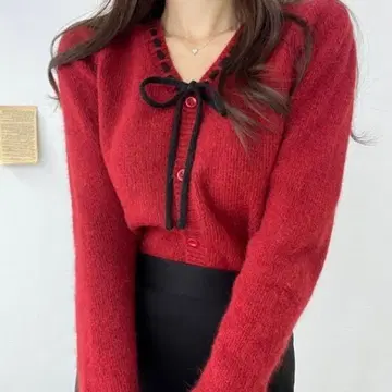 스티치 리본 니트 가디건 레드 F