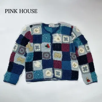 레어 핑크하우스 패치워크 가디건 모헤어 혼방 딸기 리본 비즈