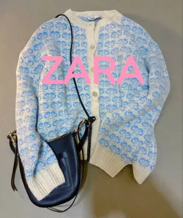 [ 새상품급 ] ZARA 아이보리 스카이블루 꽃 모티브 가디건 us M