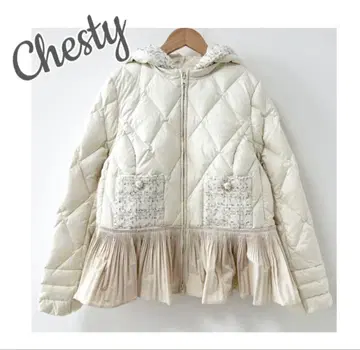 새상품급 체스 티 트위드 디테일 다운 자켓 화이트 0