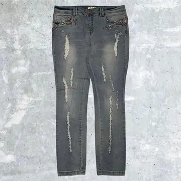 LIEBE 데님 팬츠 라이트 블루 XL 비즈 장식 슬림 데미지