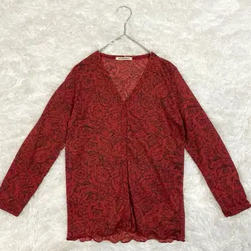 BAYAREAREMIND 가디건 장미 꽃무늬 V넥 빨간색 계열 엘레강트
