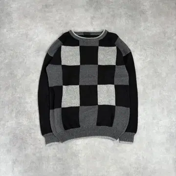 빈티지 디자인 니트 스웨터 블록 패턴 체커 플래그