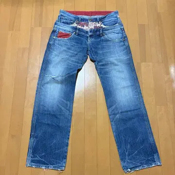 일본풍 패턴 데님 팬츠 블루 빨간색 포켓 부착