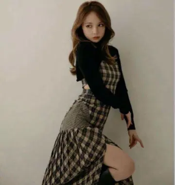 andmary 안나 체크 드레스 베이지