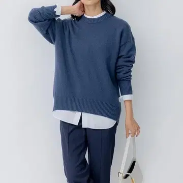 23구 타키자와 마키코 착용/세탁 가능 울 캐시미어 크루넥 니트 달 블루