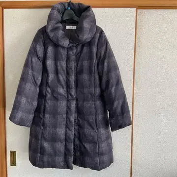 다운 롱 코트 린넨 L 사이즈 보라색이 감도는 짙은 그레이