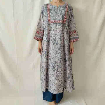 핸드 블록 프린트, 원피스, 쿠르티, 그레이 루즈핏 원피스 #3