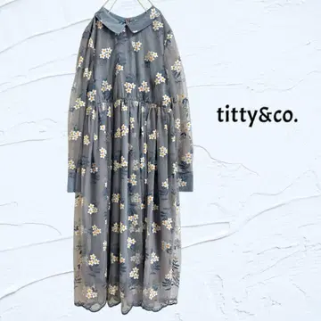 titty&co. 튤 꽃무늬 롱 원피스 탁한 블루 프리 사이즈