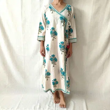 핸드 블록 프린트 자수, 카슈쿨풍 원피스 스카이블루 꽃무늬#4