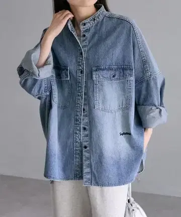 PUAL CE CIN 빈티지 느낌 데님 밴드 카라 셔츠