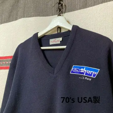 70s80s 미국산 V넥 아크릴 니트 스웨터 Ford 모터 컬처