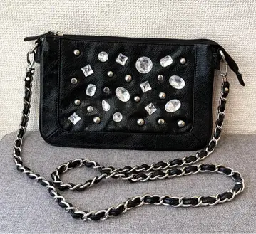 천연 가죽 크리스탈 장식 체인 숄더백 블랙 미사용