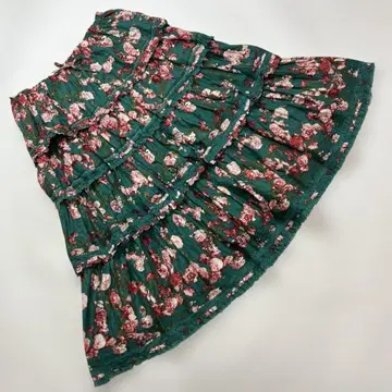 핑크하우스 그린 장미 무늬 면 로운 단단 스커트