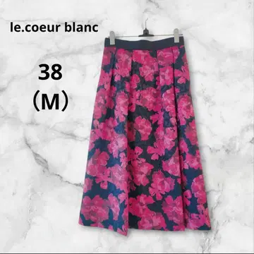 르쿠르 블랑 플레어 스커트 네이비 핑크 꽃무늬 38 M 자카드