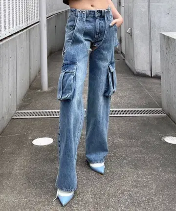 SPIRALGIRL 2WAY 카고 오버다이 데님 색스 블루