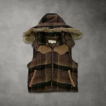 vintage 체크 무늬 퍼 베스트 캐주얼 (브라운 M)