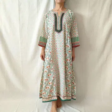 핸드 블록 프린트풍 꽃무늬 원피스 오렌지 x 그린#5