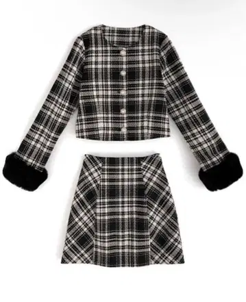퍼 자켓 x 미니 스커트 체크 무늬 트위드 셋업 [ta090]grl