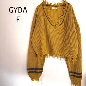 제이다 데미지 가공 V넥 니트 스웨터 머스타드 컬러