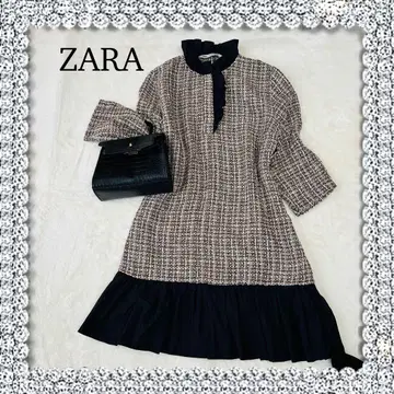 인기 ZARA 트위드 원피스 L 프릴 헴 3/4 소매 엘레강트