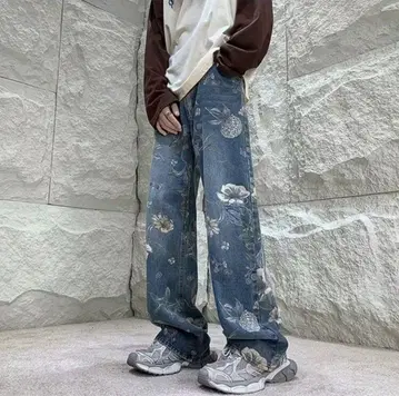 꽃무늬 데님 와이드 레그 팬츠