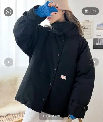 오버 사이즈 블랙 자켓 캐주얼. 경량 충전솜 스탠드 벨트 디자인 블루종