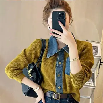 데님 도킹 니트탑 머스타드 성숙 캐주얼 한국 이소재