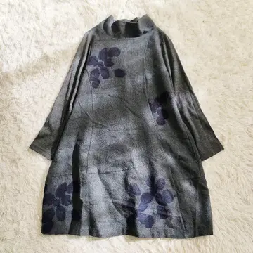 크레센트 튜닉 원피스 울 꽃무늬? 코쿤 하이넥