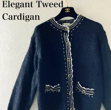 모헤어 혼방 노카라 트위드풍 펄 니트 가디건 블랙 골드