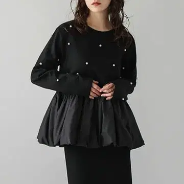 [ 새상품 ] 페플럼 상의 펄 블랙 긴팔 이소재 도킹 벌룬 라지엠