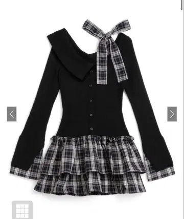 체크 무늬 도킹 원숄더 리본 프릴 니트 원피스[pm785]