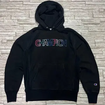 Champion 리버스 위브 후드티 자수 로고 컬러풀 로고 블랙