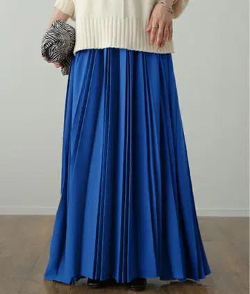 HUG.U 롱 스커트 와이드 플리츠 맥시 길이 플레어 블루 체형 커버