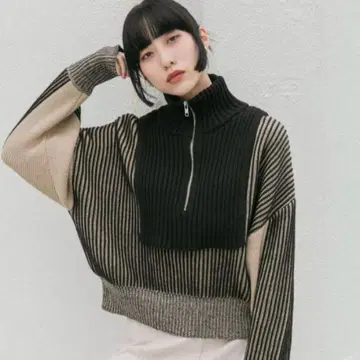 KBF 레이어드 하프 지퍼 니트 블랙