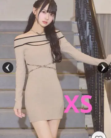 미셸 마카롱 체크 리본 오프숄더 니트 원피스