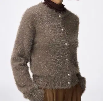 샤이니 크루넥 가디건 브라운