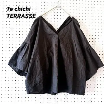 테치치 테라스 개더 슬리브 블라우스 블랙 코튼 100% 백 트위스트