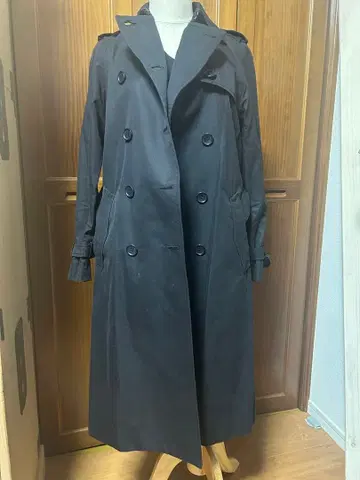 실크 혼방 프렌치 트렌치 총 안감 블랙 트렌치코트 더블 브레스트