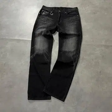 Y2K 00's 시크 스타일 가죽 절개 블랙 데님 크로스 버튼 기믹