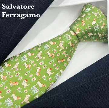 [ 새상품급 ] 페라가모 넥타이 옐로우 그린 애니멀 무늬 명품 고급 실크